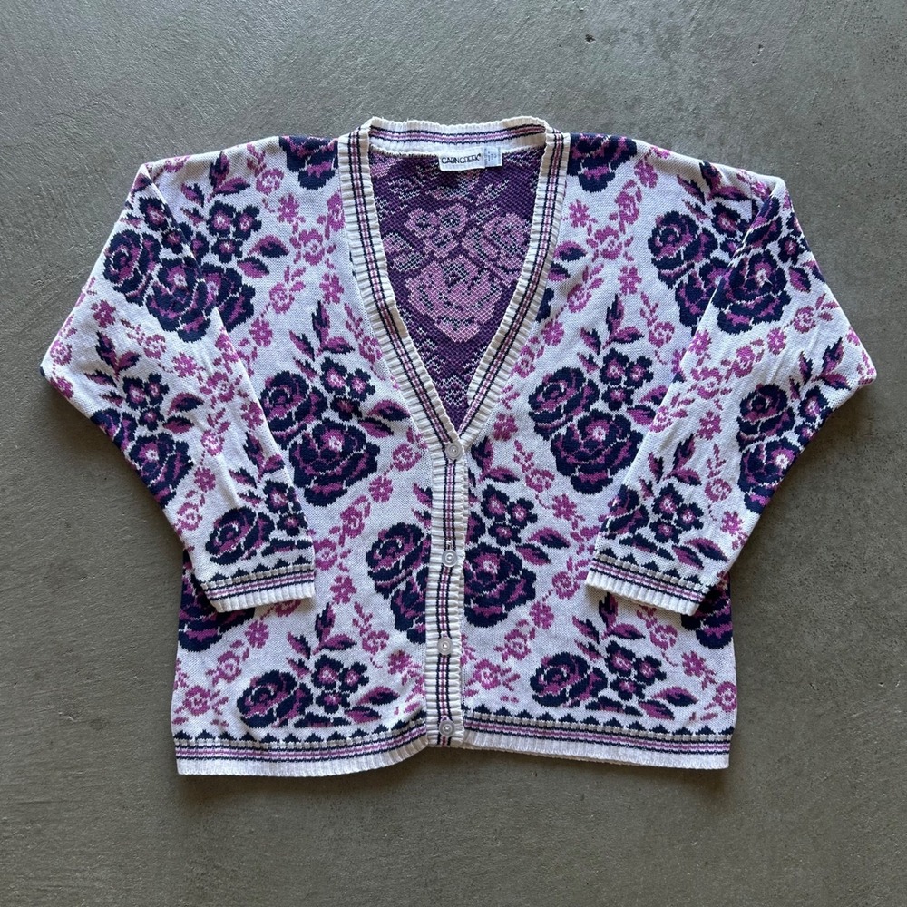 Vintage 90s Cabin Creek Floral Cardigan Sweater Womens Large Pink White Flower